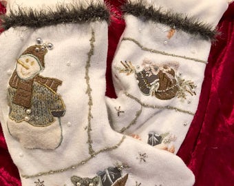 Pair of Adorable Recycled Christmas Sweater Stockings