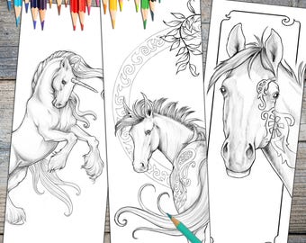 instant download bookmark coloring horse animal flower