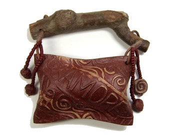 Handmade One of a Kind Amore Pillow Rattle with Found Wood Handle, Leather, Seed Beads and Handmade Ceramic Blob Bead Accents