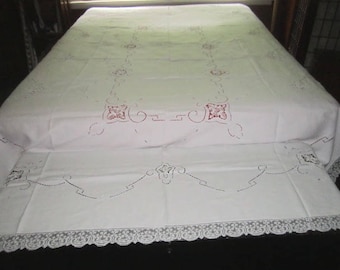 Vintage Elegant White Linen Madeira Lace 72x104 Banquet Tablecloth or Bed Cover