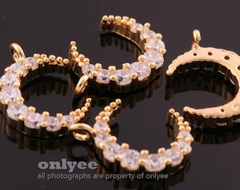 6pcs-13.2mmX9.2mmGold plated Brass Crescent Moon CZ Charms pendant connector(K705G)