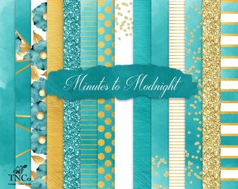 Digital Paper, teal and gold scrapbook paper, Watercolor digital paper, Teal commercial use paper, MK, Teal polks dot digital paper, TNCo