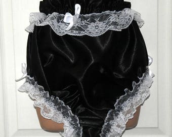 Maid's satin dress and panties, black satin, white lace, Adult size, Sissy Lingerie