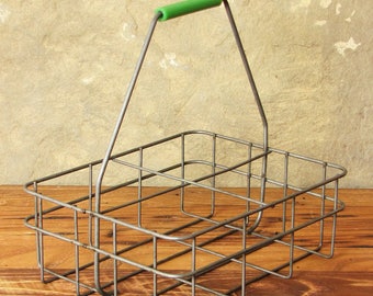 Vintage Milk Bottle Carrier Retro Caddy Wire Box with Green Handle 4 Segments Rustic Organizer Farmhouse 1/2 Half Gallon Storage Basket