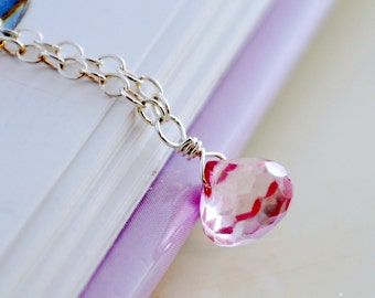 Pink Topaz Gemstone Necklace Child Children Flower Girl Sterling Silver Simple Jewelry
