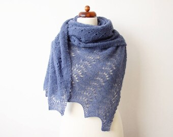 large blue scarf, alpaca silk lace shawl, hand knitted wrap, bridal cover up