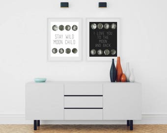 moon art, i love you, to the moon and back, nursery art, kids room art, home decor, wall art, stay wild, moon child, monochromatic art
