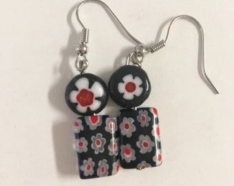 Black glassy floral earrings