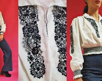1970s Hungarian Floral Hand Embroidered Cropped Souvenir Peasant Blouse