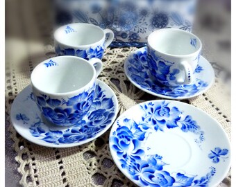 Set of 4 small coffee espresso cups and saucers. Hand painted! Blue and white porcelain by Lana Arkhi St Valentine's gift