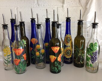 Gourmet Chef OIL DECANTERS - Clear, Green, or Blue Glass 375ml Bottles -Canola, Grape Seed, Sunflower, Safflower, Olive, California Poppy