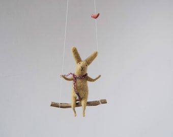 Bunny on swing, Felt Animal, Nursery Decoration Taupe,Gray Needle Felted Bunny, Hanging Bunny, Baby Mobile