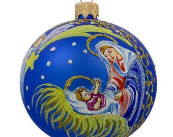 3.25" Angel Overlooking Baby Jesus Nativity Glass Ball Christmas Ornament