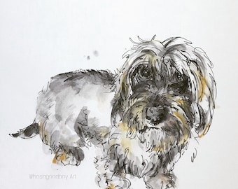 Portrait painting of your own dog. Pen drawing with watercolor.