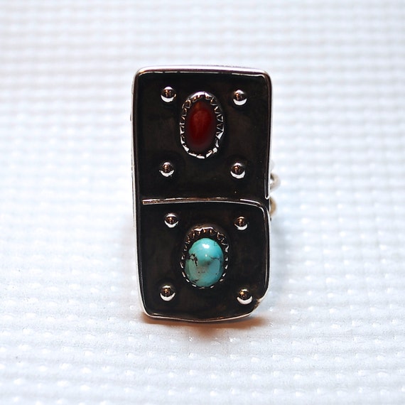 Native American Sterling Silver Turquoise Coral Ring Sz 9 #4087