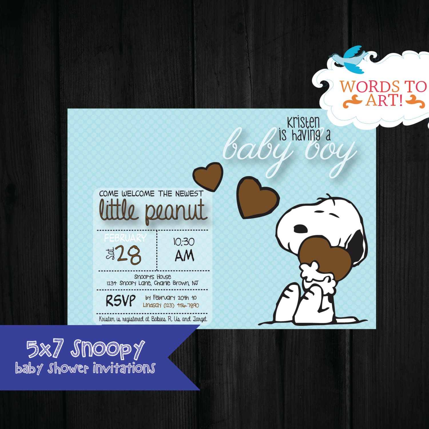 CUSTOM Snoopy Baby Shower Invitations Boy Or Girl Pick