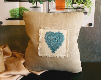 Heart Folk Style Embroidered Pillow 11x12"