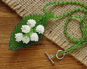 Spring flower jewelry May lily accessories Prom necklace Glass flower necklace Beaded flower pendant Lily of the valley necklace Mothers Day