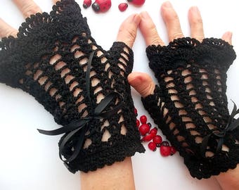 Crocheted Cotton Gloves Women M Ready To Ship Victorian Fingerless Summer Wedding Lace Evening Gothic Opera Bridal Party Black B19