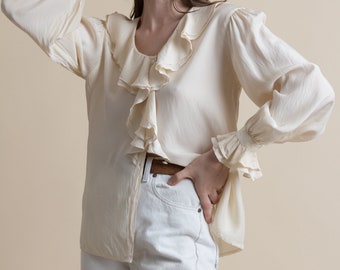 Vintage 90s Cream Silk Ruffled Poet Blouse