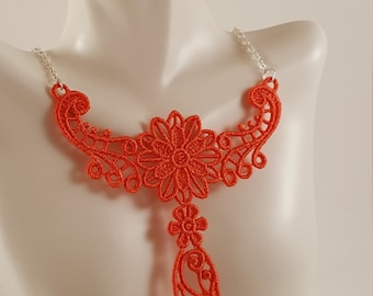 Dark Coral lace necklace Lace jewelry Coral necklace Bib Necklace Statement necklace Bridesmaids gift Large necklace Bib lace jewelry