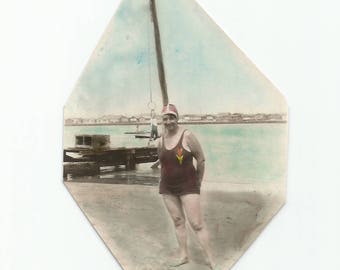 Vintage Snapshot "Photo Bomb" Boy Swinging On Ring Behind Swimsuit Woman Hand-Colored Photo Found Scrapbook Trimmed Photo