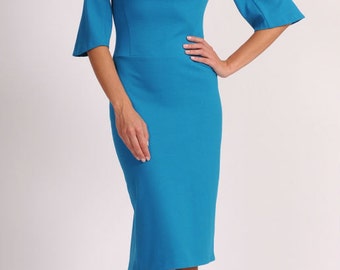 Blue dress Autumn dress Occasion dresses for women Jersey Dresses with sleeves 3/4 Elegant dress Business woman Office woman Evening Dress