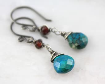 Chrysocolla and Garnet Wrapped Oxidized Silver Earrings