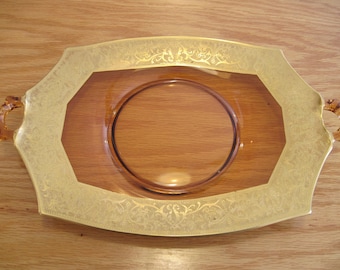 Central Glass Co. Amber Glass Platter/Tray with Gold Trim
