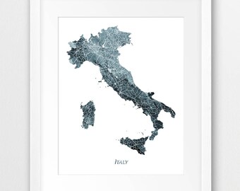 Italy Map Print, Italy Watercolor Map Print, Italy Wall Art, Italy Watercolor Blue Grey Indigo, Home Decor, Travel Poster, Printable Art