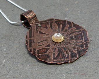 Etched Flower Necklace Copper, Sterling Silver, Gold Mixed Metal Riveted Pearl Pendant Gift for Mom