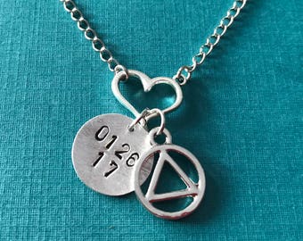 AA Recovery Jewelry / Alcoholics Anonymous Custom Date Necklace with AA Charm & Heart / Recovery Gift / AA Necklace / Addiction Recovery