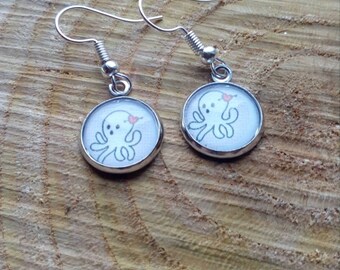 Girl Octopus and heart cabochon earring