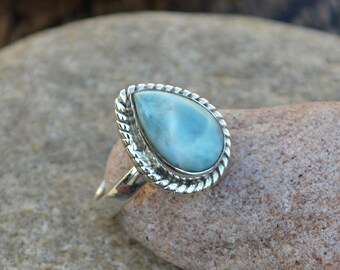 Natural Dominican Larimar Gemstone Ring - 925 Sterling Silver and Larimar Ring -Genuine Larimar -Dominican Larimar Ring -Designer Larimar