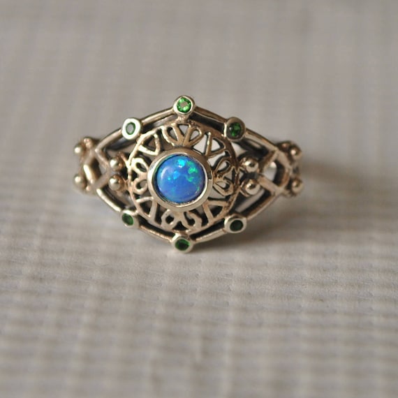 Sterling Silver Emerald Blue Fire Opal Art Nouveau Ring Sz 7 #9744