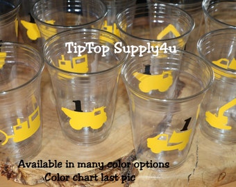 24 Construction Birthday Party 10 oz. 12 oz. or 16 oz. Cups.Traco, construction zone, dozer, heavy equipment, dump truck, boy. C-92-94