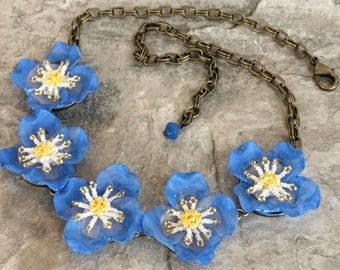 Blue Poppy Mixed Media Collage Necklace