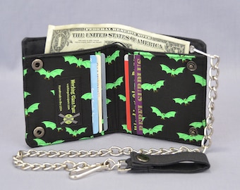 Vegan Chain Wallet Little Green Bats, Black Canvas, Halloween Fabric Pockets, Goth Punk, Detachable Chain, Bi-fold Wallet