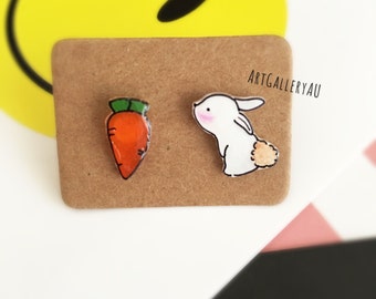 Kawaii Bunny Rabbit Handmade Stud Earrings, Cute Animal Studs, Carrot Earrings, Mismatched Earrings, Gift for Her,Easter