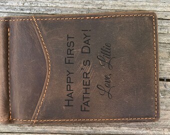 Father's day gift for Dad Gift First Fathers day Mens Gift for Him Engraved Custom Money Clip, Personalized Leather Wallet, Husband gift