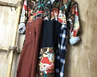 Large up cycled women's dress/tunic, patchwork, rustic, loose and comfortable, easy to move around in, casual and fun, one of a kind, unique