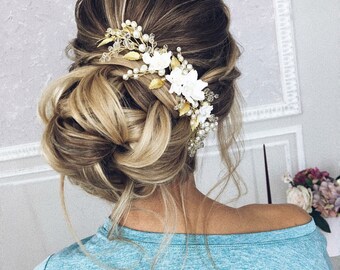 Ivory Gold Bridal hair comb, Gold Bridal headpiece, Bridal hair piece, Wedding hair piece, Wedding hair comb, Wedding headpiece