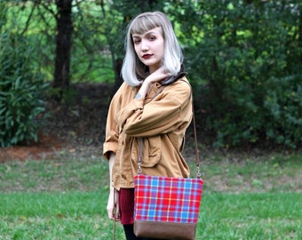 Red Plaid Zipper Bag with Faux Leather Strap