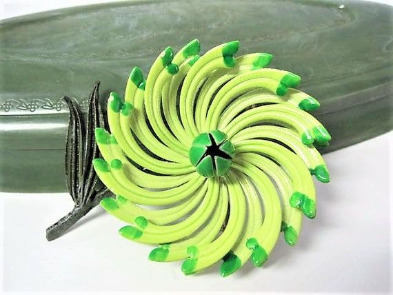 Green Flower Brooch, 3D Center, Enamel Floral Pin, St. Patricks Pin