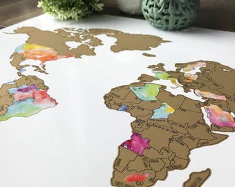 Watercolor Scratch Off World Map- Travel Map (20x30in) Watercolor Art International Map - Mother's Day Gift