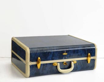 1950-1954 Navy and Creme Samsonite Large Suitcase with KEY! Clean Vintage!