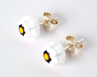 Murano Glass Millefiori Stud Earrings - Black & White Glass Flower on Sterling Silver Stud Post