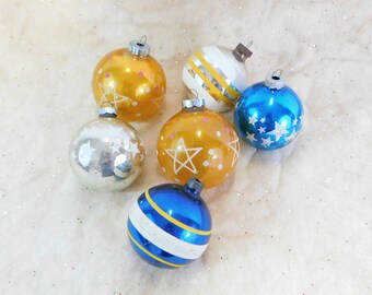 Shiny Brite & US of A, 6 Vintage Glass Christmas Balls, Christmas Tree Ornaments, Blue and Gold, Stenciled Stars, Stripes, C68