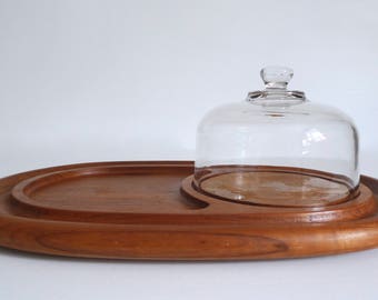 Vintage Glass Dome Storage Cloche with Wooden Teak Base - Oval Cheese Tray with Glass Lid by Goodwood