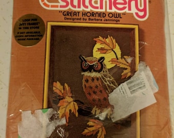 Sunset Designs #480 Jiffy Stitchery Great Horned Owl Crewel Kit Barbara Jennings Design 5" x 7" w/ Thread & Printed Canvas